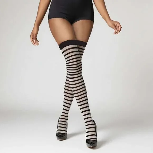 Striped Stockings Womens OS One Size Black and White Thigh High Novelty Hosiery - Picture 3 of 9